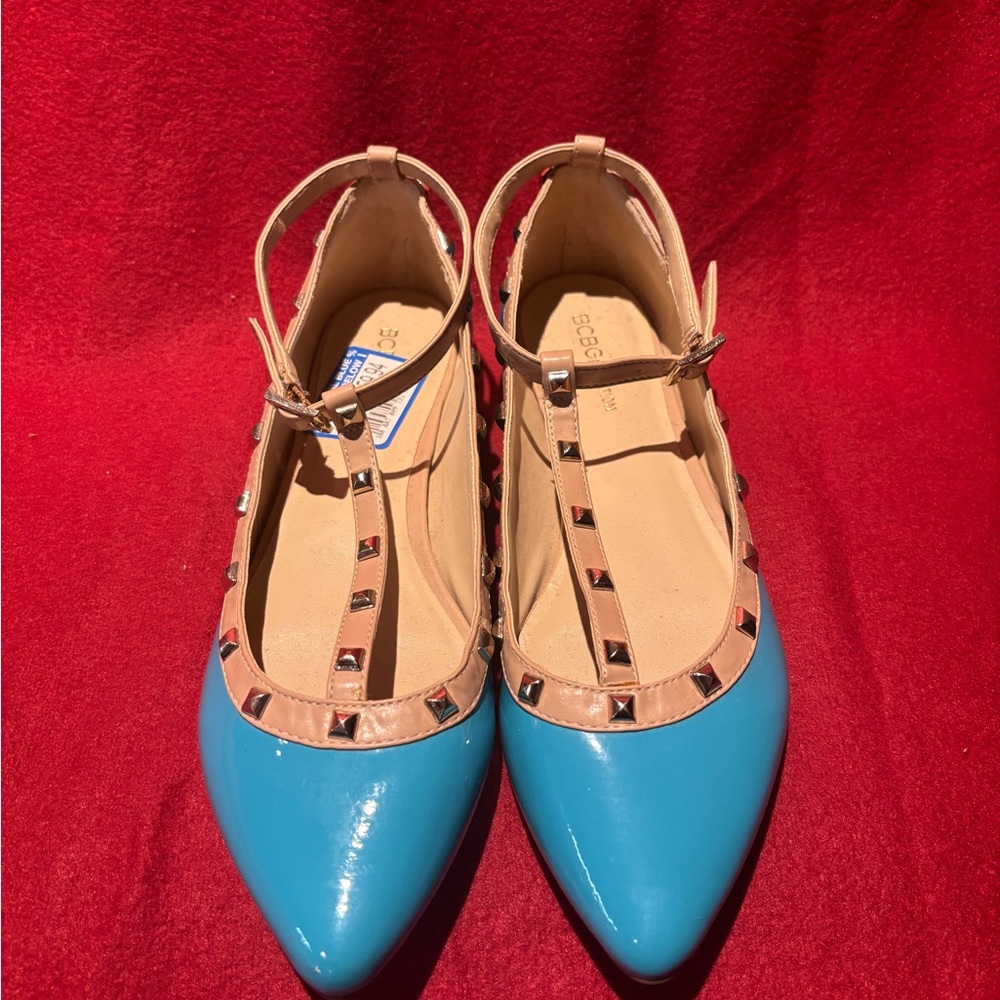 BCBGeneration Blue and Tan Flats with Studded Detail